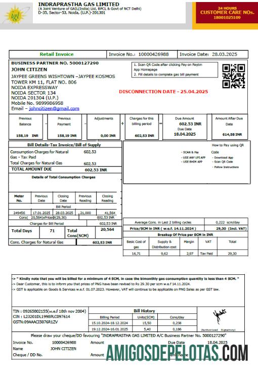 imprimível Modelo de conta de serviços públicos de gás Indraprastha da Índia em formatos Word e PDF, versão 2